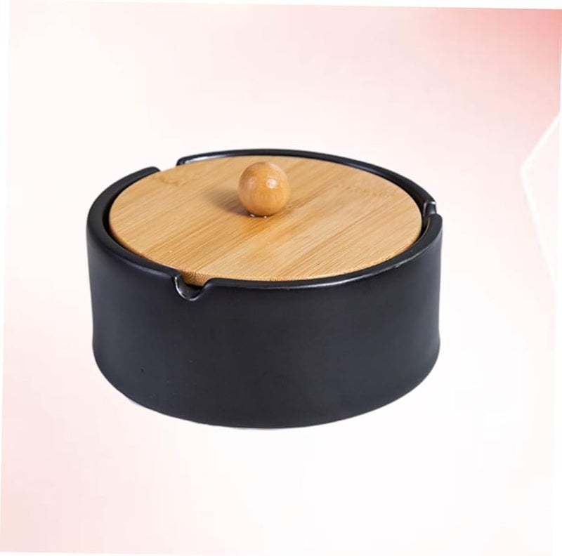 Ceramic Windproof Ashtray with Lid Black Vintage Desktop Cigarette Jar Home Office Decoration - Image 3